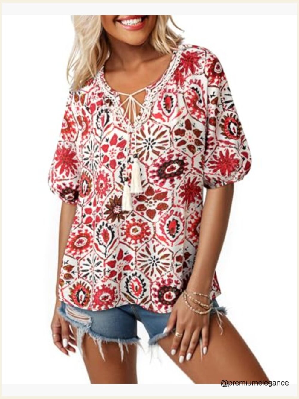 Boho Floral Print Tie Front Blouse Short Sleeve Vacation Top - Picture 4 of 7